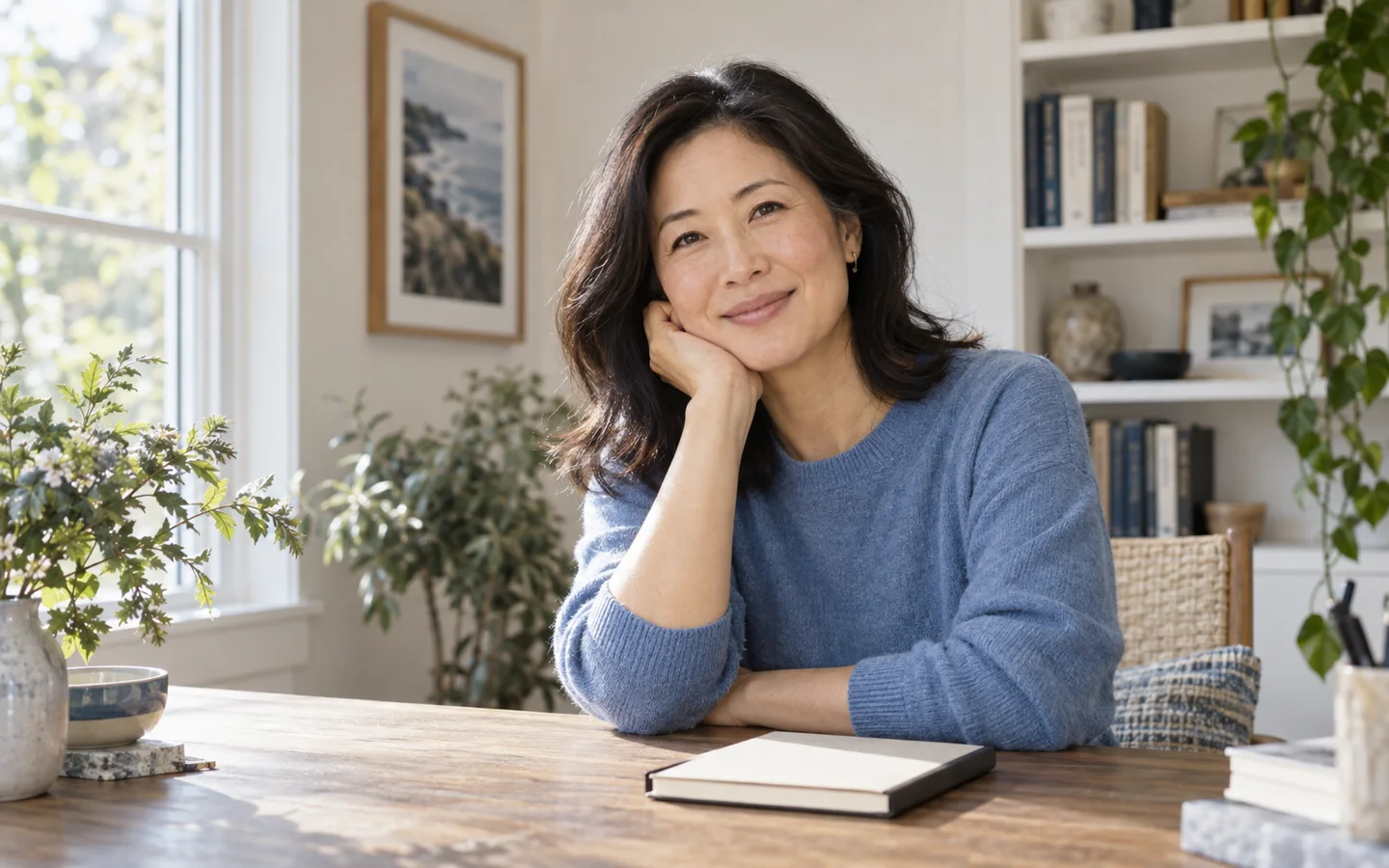 Woman smiling at a bright home desk