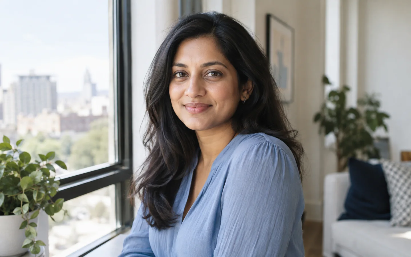 Woman smiling by a bright window