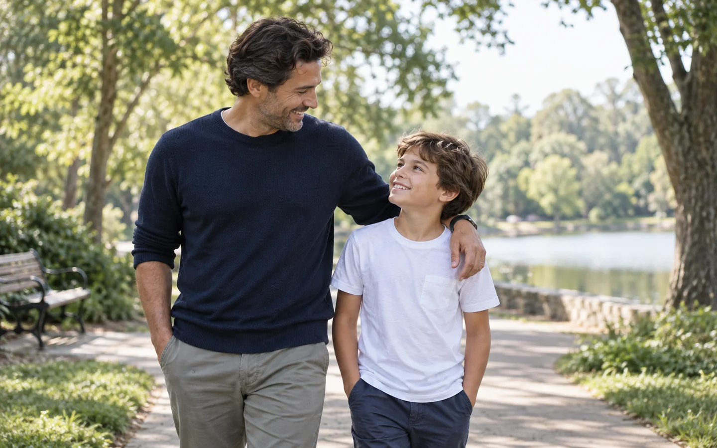 Father and son walking together in a park
