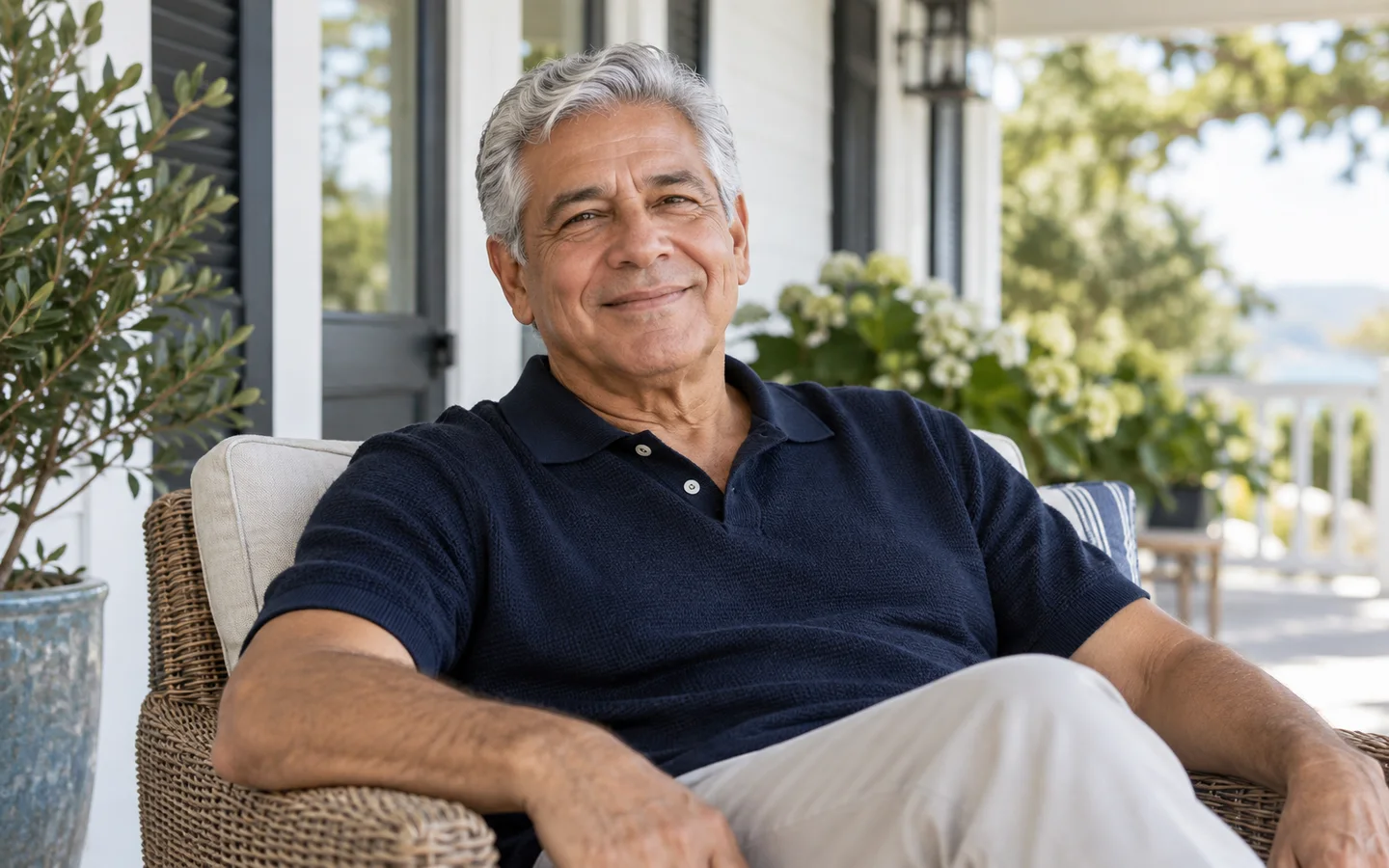 Mature man smiling on a home porch