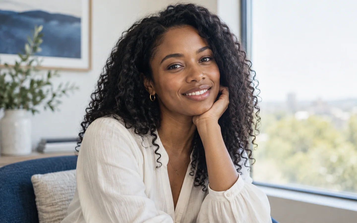 Woman smiling by a bright window