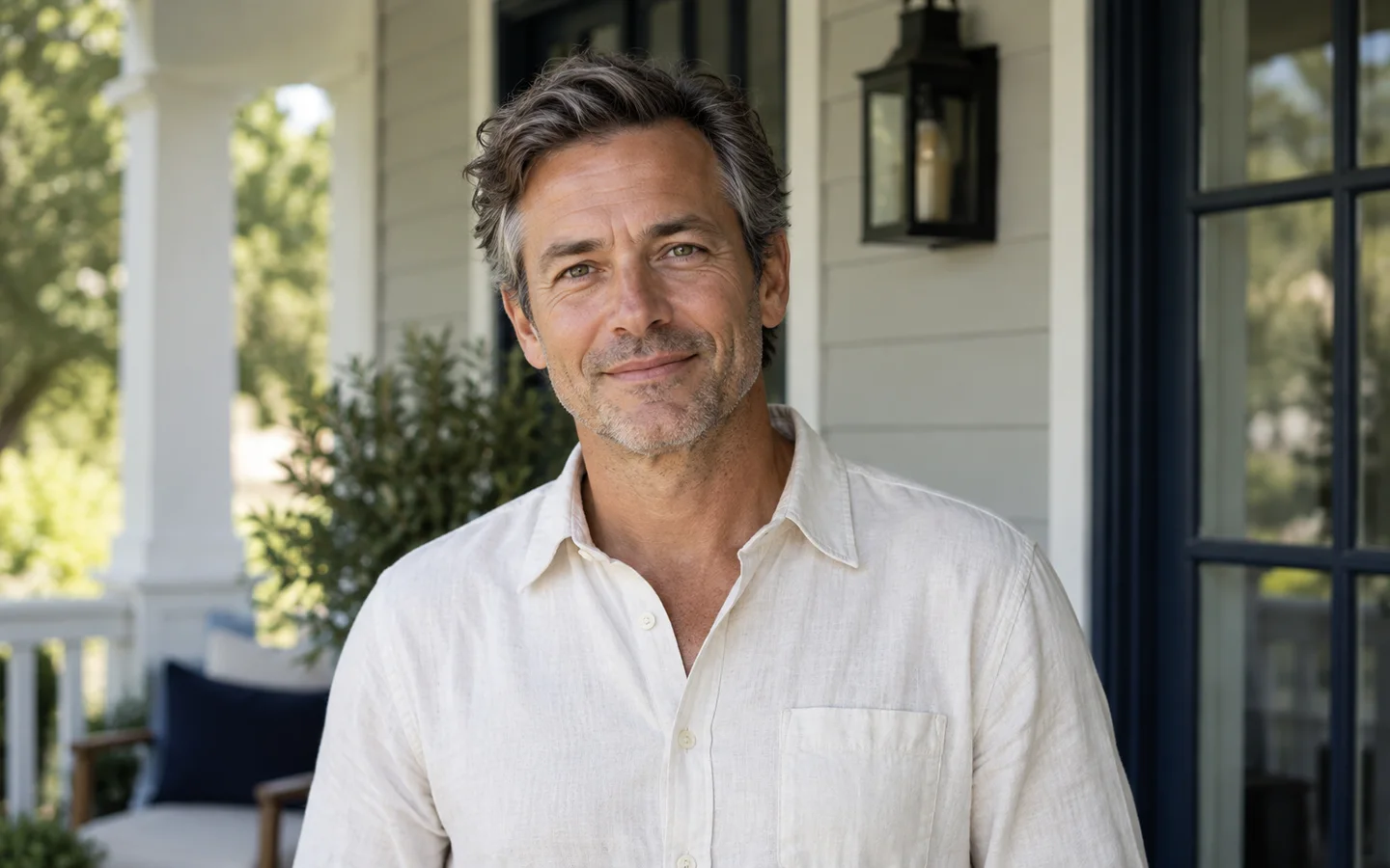 Man smiling on a shaded porch