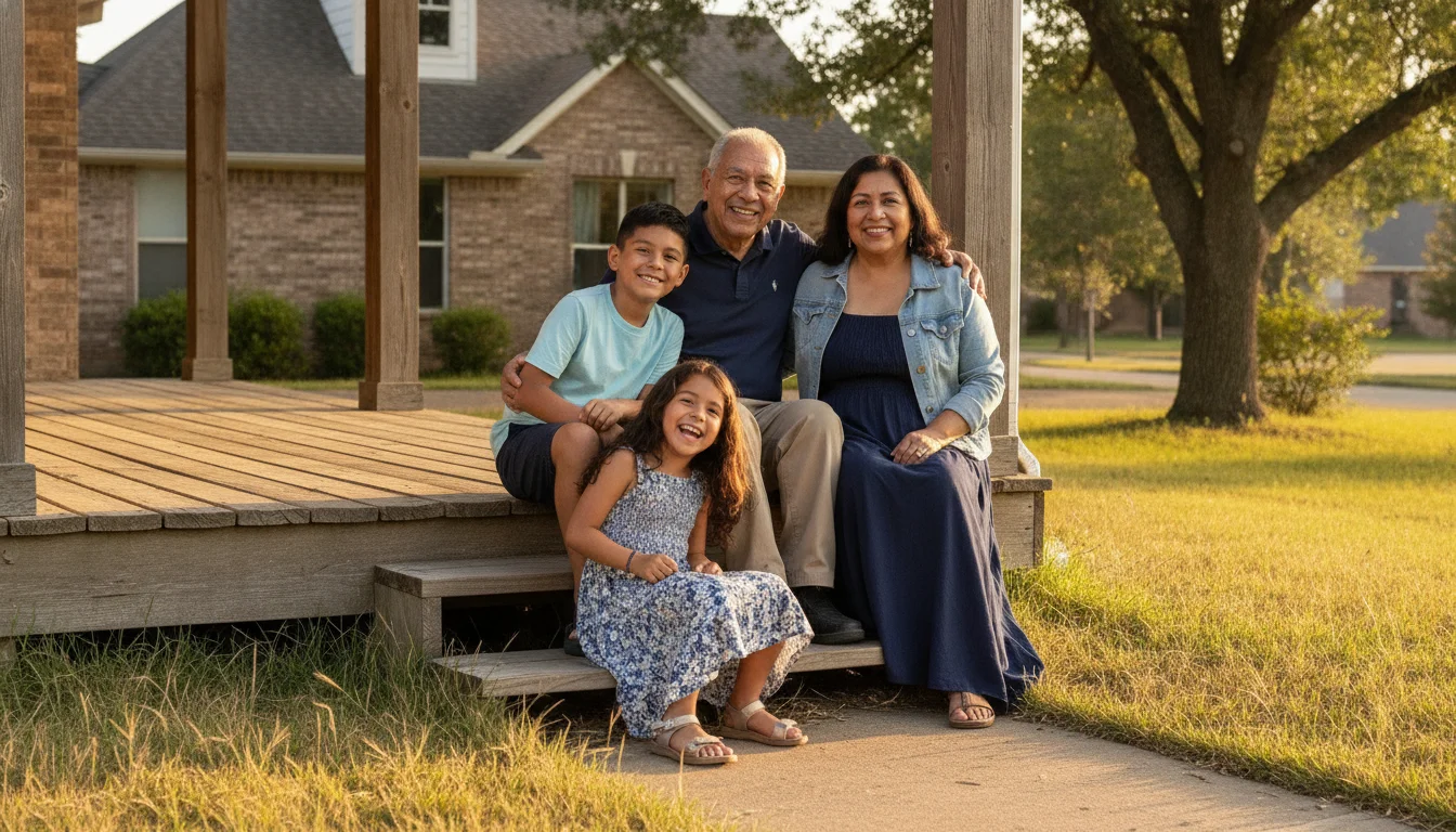 Smiling family of four sitting together on a porch