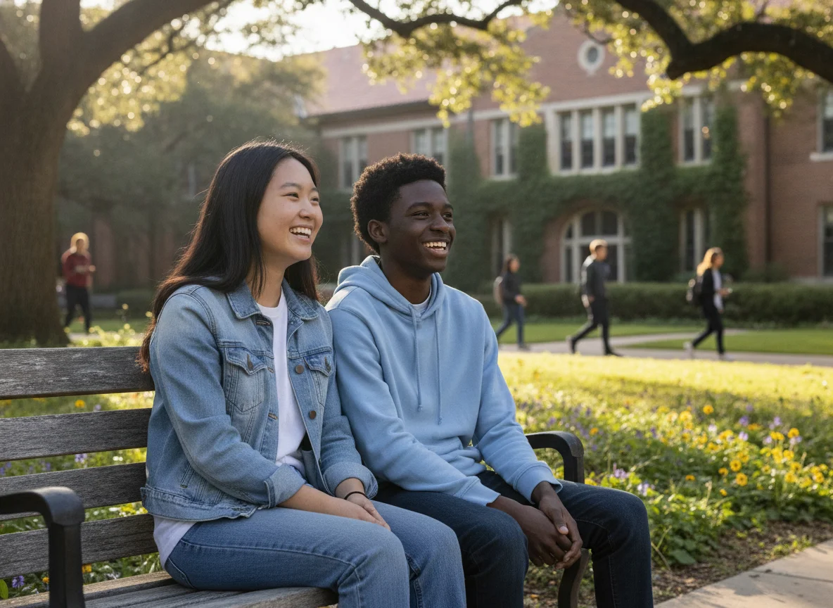 Two smiling teenage friends sitting together outdoors